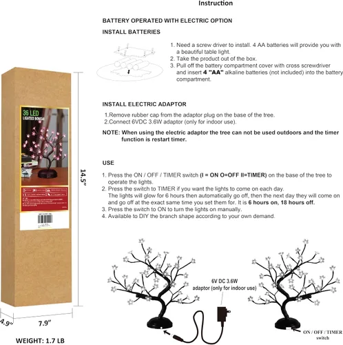 Vista 7 de Lámpara Lightshare con forma de bonsái de cerezo en flor con 36 luces LED, de 16 pulgadas, para decoración del hogar, a batería