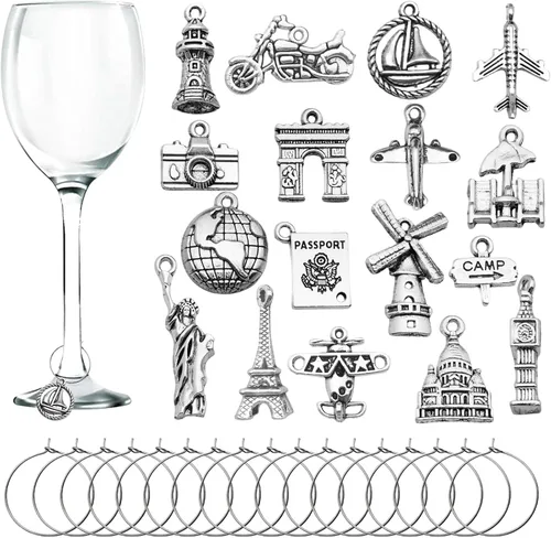 Vista 9 de 20 piezas de dijes para copas de vino, marcadores de bebida con texto de inspiración y temática de cáliz con diseño de hebilla para vino, cóctel