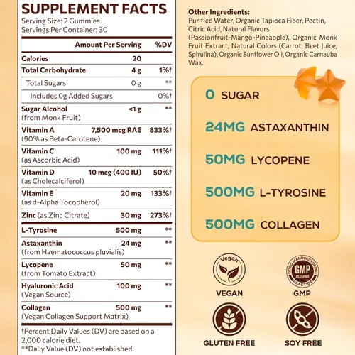 Vista 5 de Gomitas bronceadoras con astaxantina para mujeres y hombres Suplemento de bronceado sin sol con betacaroteno, licopeno, colágeno y vitaminas