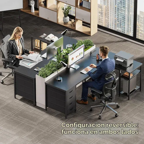 Vista 2 de Huuger Escritorio en forma de L de 55 pulgadas con cajones de tela, escritorio reversible para juegos para computadora con tomas de corriente