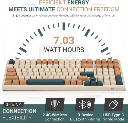 Vista 5 de Qisan Teclado mecánico inalámbricocon cable, triple modo 2.4GUSB-CBT teclado inalámbrico para juegos, 100 teclas (98%) diseño de EE. UU.