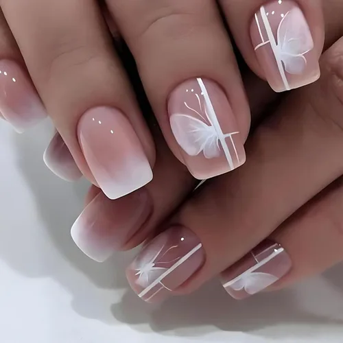 Vista 23 de Uñas postizas a presión de mariposa - Uñas falsas cortas cuadradas con diseños en relieve 3D, punta francesa blanca, acabado mate, acrílico rosa