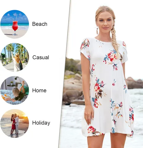 Vista 5 de HOTGIFT Vestido de manga corta para mujer, casual, cuello redondo, holgado, cómodo, con bolsillos