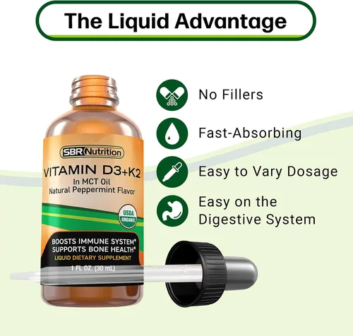 Vista 6 de SBR Nutrition Máxima absorción, vitamina D3 + K2 (MK-7) gotas líquidas con aceite MCT, sabor a menta, ayuda a apoyar huesos fuertes y corazón