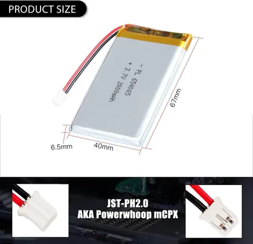 Vista 2 de 10 unids 3.7 V 654065 2000 mAh Lipo batería recargable de polímero de litio ion batería con PH2.0.000 in JST conector