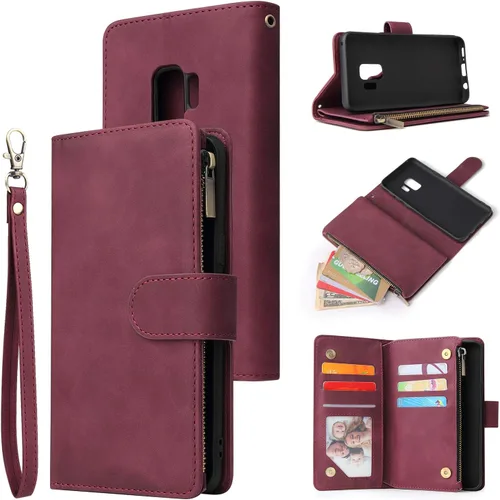 Vista 10 de UEEBAI Funda tipo cartera para Samsung Galaxy S9 Plus, funda de piel sintética, cierre magnético, bolsillo con cremallera, ranuras para tarjetas
