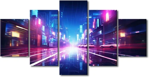 Vista 93 de Póster de 5 paneles en lienzo para decoración de pared, diseño de centro urbano Cyberpunk, impresión moderna, decoración de pared para el hogar