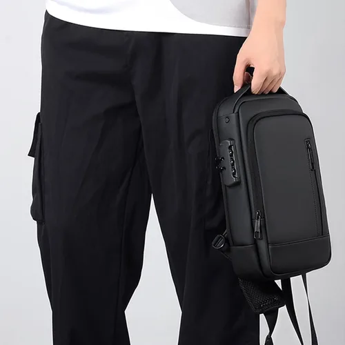 Vista 7 de Pequeñas bolsas antirrobo para hombre, mochila con correa USB, impermeable, ligera, con una correa, Negro -, Mochilas Daypack