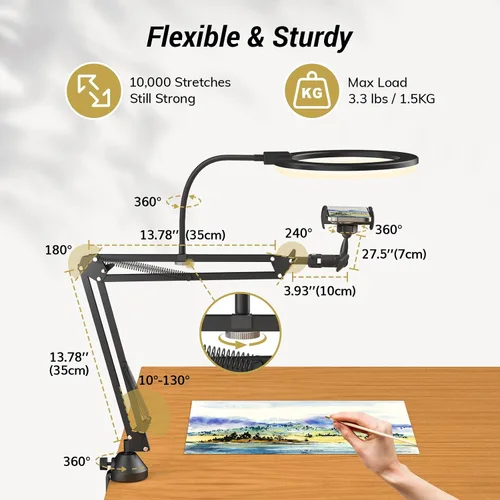 Vista 15 de TONOR Kit de luz de anillo superior, luz de anillo de 10 pulgadas con brazo de pluma Heayy Duty y soporte para teléfono, ángulo ajustable, adecuado