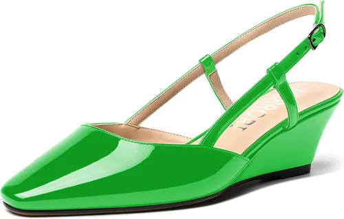 Vista 15 de MERRORI Zapatos de tacón bajo de cuña con hebilla y punta cuadrada para mujer, de patente sólida, de 2 pulgadas Beige