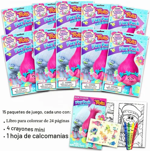 Vista 2 de Bendon Juego de 15 Trolls Play Packs Divertidos Recuerdos de Fiesta para Colorear Libro Crayones Pegatinas