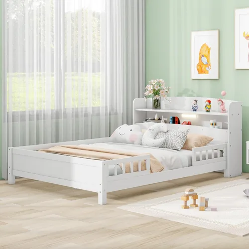 Vista 10 de Harper & Bright Designs Base de cama individual para niños con cabecera de almacenamiento y barandilla, marco de cama de plataforma individual