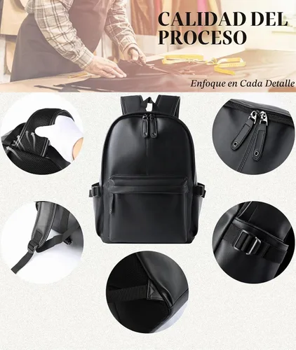 Vista 4 de Mochila de cuero para portátil impermeable de 14 pulgadas para negocios, Negro-a, Grande, Moda