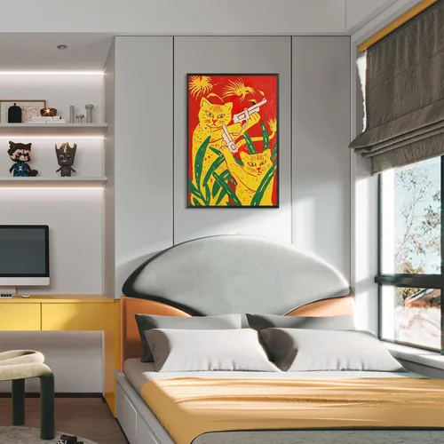 Vista 3 de Póster abstracto vintage de animales retro, dos gatos amarillos sosteniendo pistolas, pintura divertida acuarela gato lienzo arte de pared