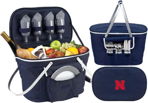 Vista 2 de Cesta de picnic aislada plegable patentada de la Universidad de Nebraska Cornhuskers equipada con servicio para 4 personas, diseñada y montada