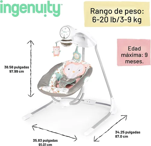 Vista 6 de Ingenuity InLighten - Columpio para bebé de 5 velocidades, asiento giratorio para bebé, arnés de seguridad de 5 puntos, sonidos naturales, luces