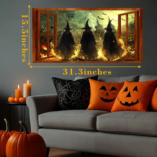 Vista 5 de Calcomanías de pared de bruja de Halloween 3D con escena de Halloween, calcomanías de pared falsas para ventana, mural grande, papel tapiz