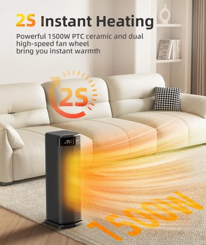 Vista 2 de BREEZOME Calentador de espacio para uso en interiores, calentador eléctrico de calentamiento rápido de 1500 W con termostato y temporizador de 24
