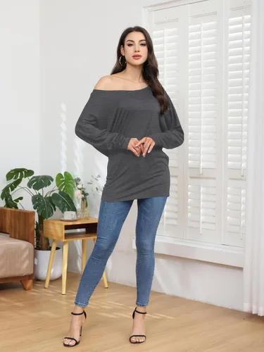 Vista 8 de Poetsky Women's Long Sleeve Off Shoulder Tunic Tops Loose Casual Oversized Shirts Blouse