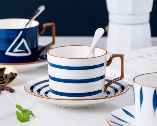 Vista 8 de Jusalpha Estilo japonés impreso a mano - Taza de té de porcelana fina de 7 onzas/taza de café con cuchara y bandeja/platillo, vajilla, porción de 4