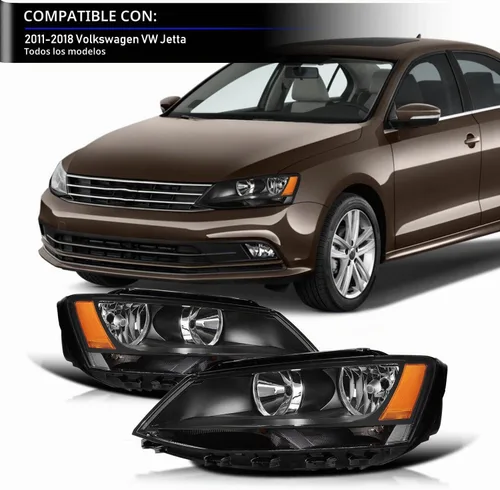 Vista 7 de Conjunto de faros delanteros compatible con Volkswagen Jetta MK6 11-18, modelo halógeno, carcasa negra, esquina ámbar