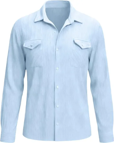 Vista 4 de Camisas con botones para hombre, casual, de manga larga, con cuello jacquard, texturizada, ligera, sobrecamisa, sobrecamisa