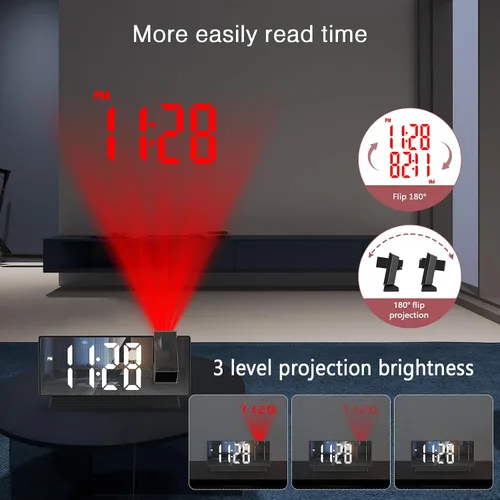 Vista 4 de LOFICOPER Reloj despertador de proyección, reloj digital de espejo de 7.8 pulgadas con proyector giratorio de 180°, brillo de 4 niveles, repetición