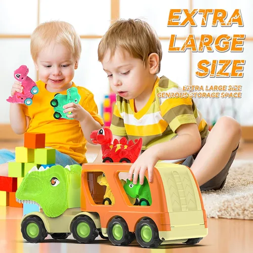 Vista 4 de Veslier Juguetes de Dinosaurio para Niños de 2-4 y 3-5 años con 6 Vehículos de Coche de Dinosaurio, Camión Transportador de Dino con Música y Sonido