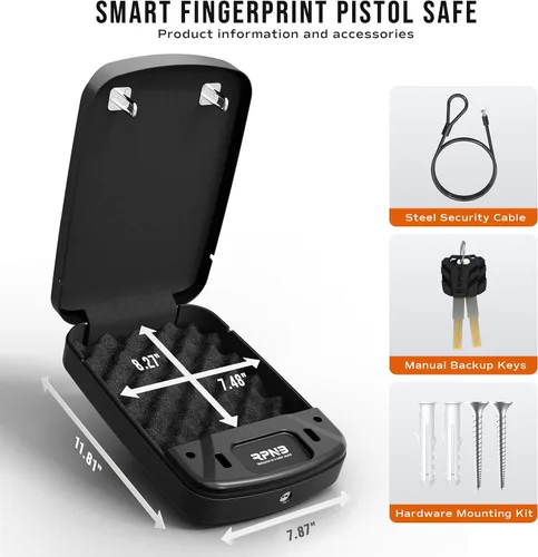 Vista 6 de RPNB Caja fuerte para armas, caja fuerte biométrica para pistola, caja fuerte para pistola para mesita de noche con huella digital biométrica, panel