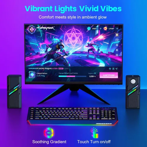 Vista 4 de LENRUE Altavoces de computadora para PC de escritorio con botón fácil, sonido claro y potente, luces táctiles, plug and play para computadora