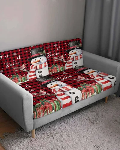 Vista 3 de Fundas de cojín para sofá de Navidad, funda elástica para sofá con parte inferior elástica, diseño de muñeco de nieve, pájaros, invierno, copos