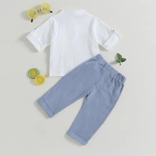 Vista 3 de Conjunto de camisa de manga larga con cuello de banda de algodón y lino para bebé y niño, pantalones casuales para otoño e invierno