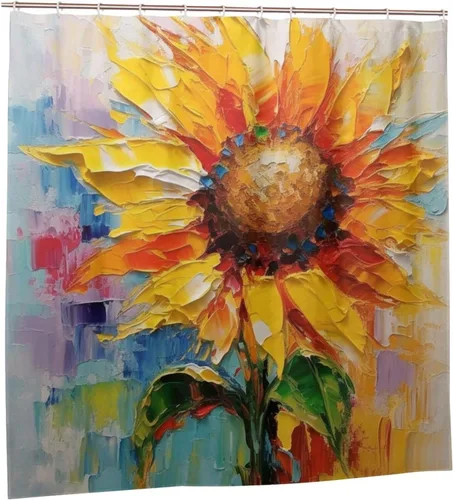 Vista 7 de YLATY2220 - Cortina de ducha de girasol para baño, pintura al óleo, hojas verdes, flores, bohemio, tela amarilla abstracta, moderna, impermeable