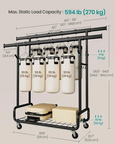 Vista 5 de SONGMICS Perchero de Ropa, Perchero de Ropa Rodante de Servicio Pesado con Ruedas, Barras Colgantes Dobles Extensibles y Altura Ajustable, Portátil