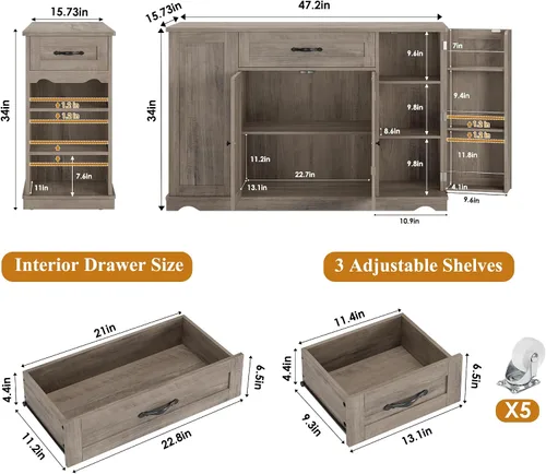 Vista 2 de HOSTACK - Carrito de isla de cocina con almacenamiento, mesa de isla rodante, gris ceniza