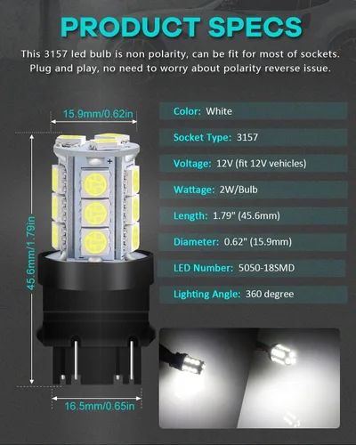 Vista 2 de Alopee Paquete de 10 bombillas LED 4114 de polaridad no polar, luz diurna blanca, T25, 4114, DC 12V, para bombilla de luz de freno trasero de señal