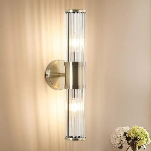 Vista 11 de Lámpara de tocador moderna de latón cepillado, 1 unidad, aplique de pared de doble varilla de vidrio para baño, base de candelabro E12 de doble