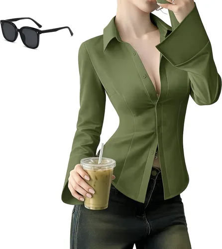 Vista 10 de Women's Slim-Fit Button-Down Long-Sleeved Casual Shirt, Fitted Work Blouse for Office Commuting