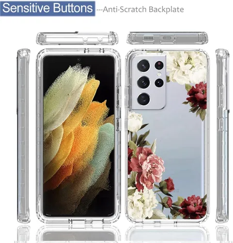 Vista 5 de Funda para Galaxy S21 Ultra 5G SM-G998U con protector de pantalla de vidrio templado, bonito patrón floral transparente, funda protectora de cuerpo