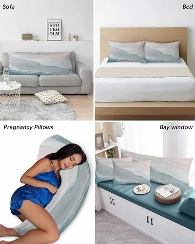 Vista 6 de DecorLovee Juego de 2 fundas de almohada de playa de verano, tamaño estándar, material de microfibra, oceánico, costero, aguamarina, beige, funda