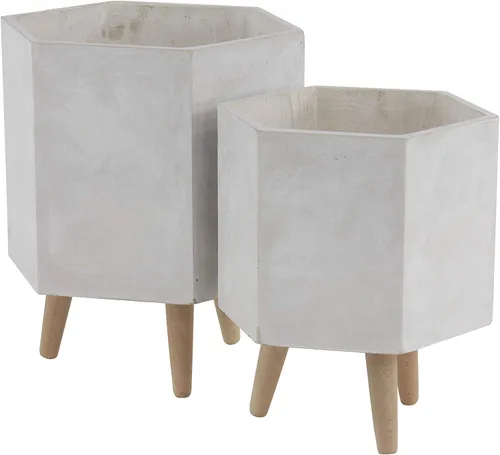 Vista 5 de CosmoLiving by Cosmopolitan - Maceta geométrica de óxido de magnesio para interiores y exteriores, maceta hexagonal grande con patas de madera
