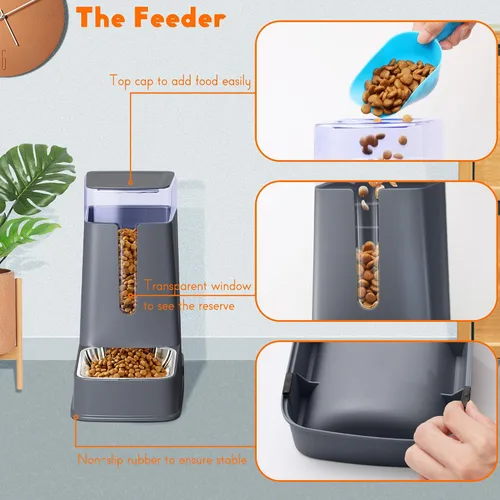 Vista 3 de Dispensador de comida para gatos y dispensador de agua para gatos con cuencos de acero inoxidable, alimentador por gravedad para perros pequeños