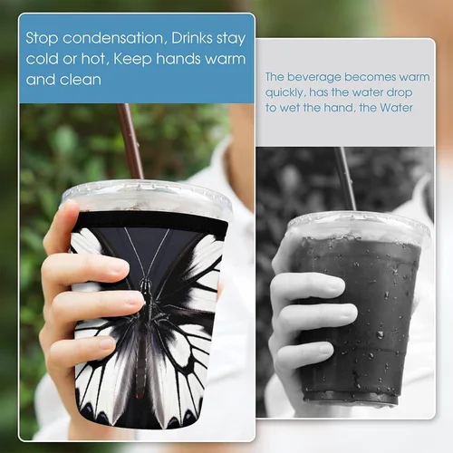 Vista 5 de Black White Butterfly Reusable Insulated Neoprene Iced Coffee Cup Sleeves 3 Sizes Diving Material Cup Durable Beverage Covers for Cold Coffee Tea
