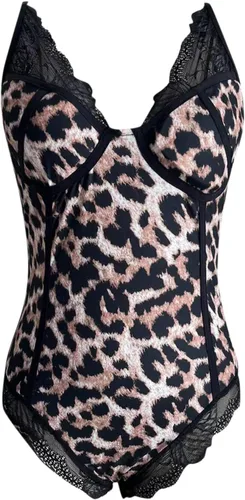 Vista 7 de Body sexy con estampado de leopardo y panel de encaje para mujer, lencería navideña para mujer, talla 8XL (negro, XL)