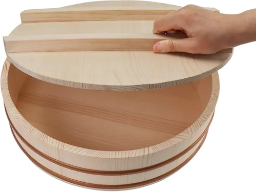Vista 5 de Kichgather Tazón de arroz de madera para sushi con tapa Hangiri Sushi Oke Sushi Arroz Mezclador (10.6 pulgadas con tapa)