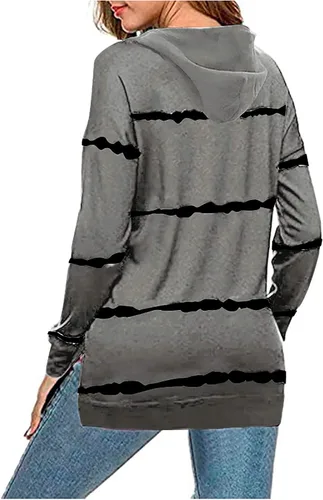 Vista 2 de Aniwood Sudaderas con capucha para mujer, moda 2023, sudaderas casuales de manga larga, sin botones, estampado a rayas, abertura lateral, ajuste