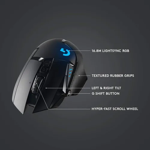 Vista 6 de Logitech G Mouse inalámbrico para juegos 502 Lightspeed con sensor HERO 16K, compatible con PowerPlay, pesas sintonizables y RGB Lightsync - Negro
