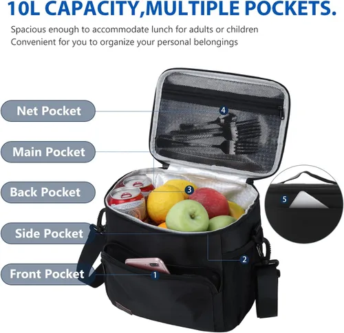 Vista 7 de Gloppie Fiambrera para hombres Bolsa de almuerzo para mujeres, a prueba de fugas almuerzo refrigerador bolsa negro gran almuerzo térmica