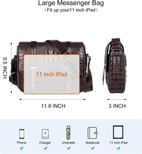 Vista 5 de PIJUSHI Bolso bandolera de cuero de cocodrilo para hombre (PE001 café), Café