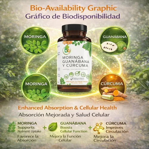 Vista 5 de Moringa, Guanabana y Cúrcuma (Moringa, Guanábana y Cúrcuma) 90 cápsulas 1500 mg por porción, potente mezcla de ingredientes 100% naturales